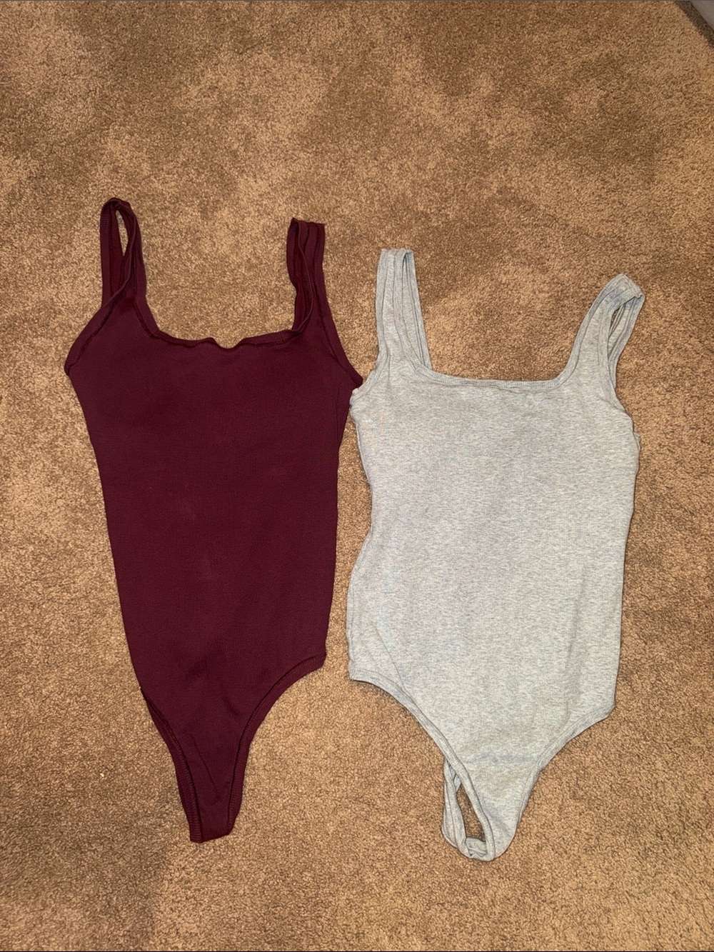 Women’s Small Ribbed Sleeveless One-Piece Bodysuits in Burgundy and Light Gray